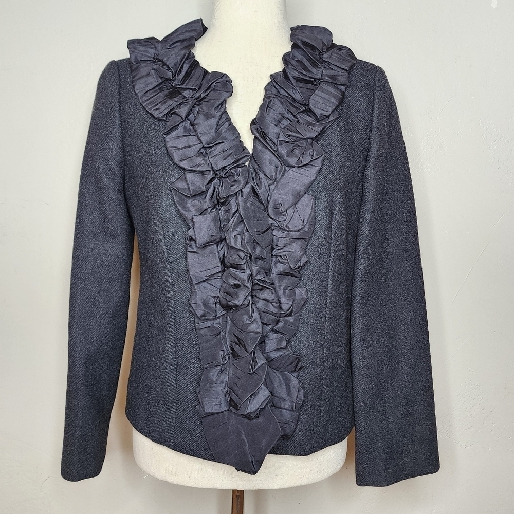 Vintage Y2K J.Crew Chimera Wool Silk Ruffle Collar Blazer Gray Size 4